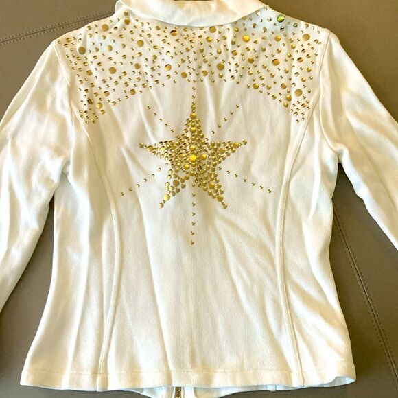 Escada Woman’s White & Gold Studded Cropped Jacket Full Double Zipper. Size 4. - Picture 6 of 8